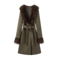 Women's Fashion Double Breasted Faux Suede Trench Coat With Faux Fur Collar Cuffs And Belt Long Winter Overcoat Streetwear Olive Green Brown Warm Jacket