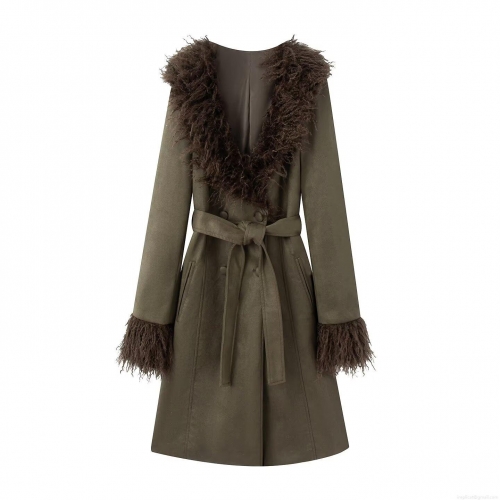 Women's Fashion Double Breasted Faux Suede Trench Coat With Faux Fur Collar Cuffs And Belt Long Winter Overcoat Streetwear Olive Green Brown Warm Jacket