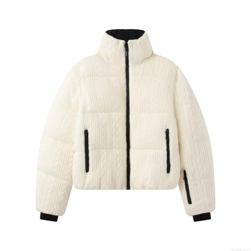 Women's Fashion Cable Knit Puffer Jacket Polyester Silk Cotton Filling Standing Collar Zipper Outerwear White Winter Ski Casual Streetwear Coat