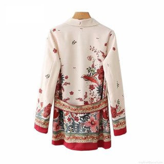 Women's Vintage Floral Print Blazer Jacket Long Sleeve V-Neck Cotton Blend Cardigan With Waist Tie Belt Elegant Casual Outerwear For Women