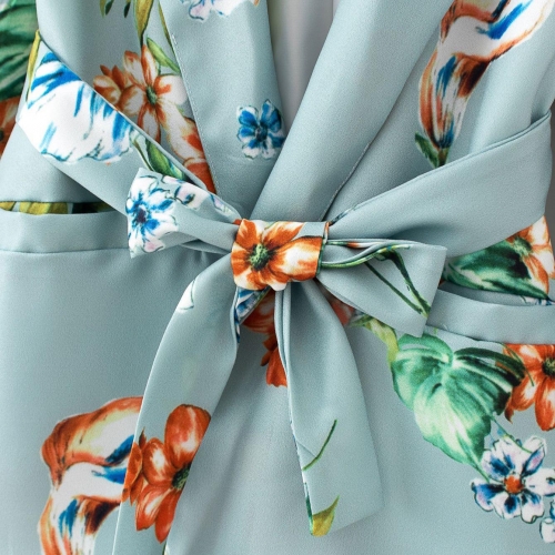 Women's Retro Floral Print Blazer With Belt Long Sleeve Notch Lapel Slimming Waist Tie Commuter Polyester Suit Jacket For Women Casual Spring Autumn Coat