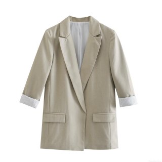 Women's Casual Loose Fit Blazer Polyester Open Front Lapel Suit Jacket With Stripe Lining Cuffs Pocket Outerwear For Office Work Streetwear Fashion
