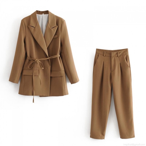 Women's Casual Brown Blazer Jacket With Notched Lapel Tie Waist Belt Professional Office Commute Suit Jacket And High Waist Trousers Outwear