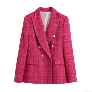 Women's Double Breasted Tweed Blazer Elegant Textured Long Sleeve Suit Jacket Office Work Wear Slim Fit Casual Coat Outwear For Women