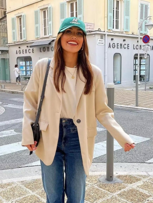 Women's Casual Blazer Jacket Polyester Houndstooth Plaid Single Button Office Career Suit Outerwear for Ladies Autumn Street Style