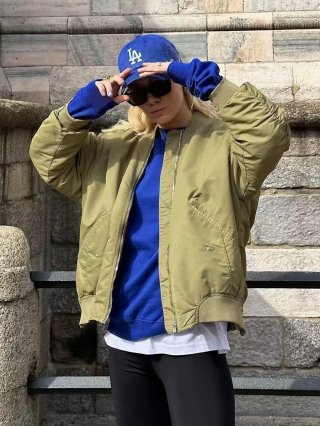 Women Loose Flight Bomber Jacket Oversized Zip Up Pockets Solid Streetwear Outerwear Coat MA-1 Style Polyester Ribbed Cuffs Casual Long Sleeve Spring Fall Jackets