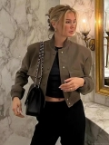 Women's Short Bomber Jacket Outerwear French Solid Color Single Breasted Cargo Coat With Large Pockets Regular Fit Casual Commuting Jackets For Women