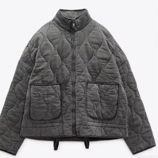 Women's Quilted Padded Jacket Stand Collar Washed Polyester Zipper Outerwear Large Pockets Warm Winter Coat Casual Streetwear Style Solid Color Jacket