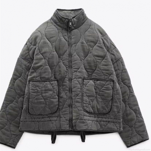 Women's Quilted Padded Jacket Stand Collar Washed Polyester Zipper Outerwear Large Pockets Warm Winter Coat Casual Streetwear Style Solid Color Jacket