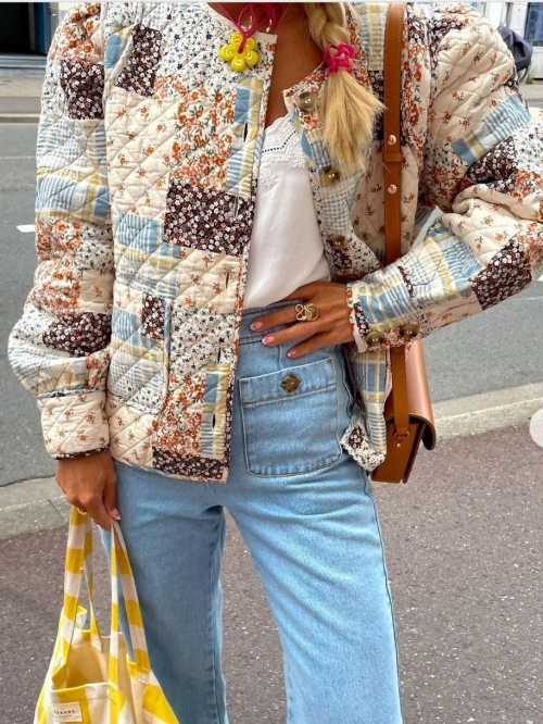 Women's Vintage Quilted Patchwork Floral Jacket Bohemian Plaid Pattern Long Sleeve Button Up Round Neck Padded Coat Outwear For Winter Fall Streetwear Lady