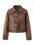 Women Retro Brown Distressed PU Leather Jacket Lapel Single-Breasted Loose Fit Short Faux Leather Coat Vintage Streetwear Fashion Outerwear With Pockets