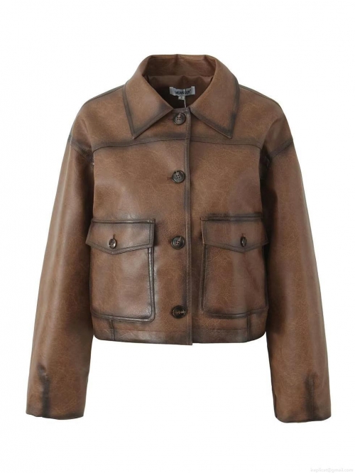 Women Retro Brown Distressed PU Leather Jacket Lapel Single-Breasted Loose Fit Short Faux Leather Coat Vintage Streetwear Fashion Outerwear With Pockets