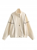Women's Casual Loose Jacket 100% Polyester Stand Collar Black and White Color-blocked Contrast Piping Long Sleeve Buttons Outerwear Coat for Autumn Winter Office Daily