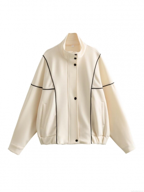 Women's Casual Loose Jacket 100% Polyester Stand Collar Black and White Color-blocked Contrast Piping Long Sleeve Buttons Outerwear Coat for Autumn Winter Office Daily