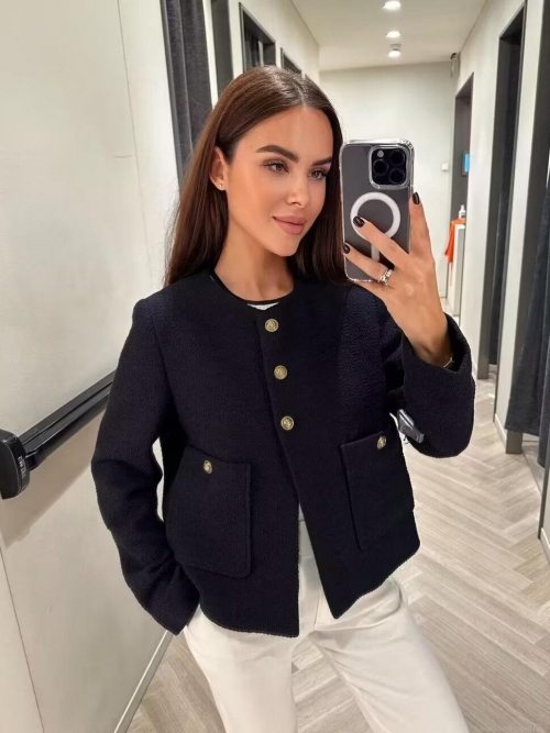 Elegant Women's Polyester Tweed Jacket With Gold Embossed Buttons Round Neck Long Sleeve Slim Fit Casual Short Coat Outerwear For Women