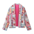 Women's Vintage Bohemian Patchwork Quilted Jacket Floral Print Lightweight Padded Puffer Coat Long Sleeve Open Front Cardigan Bohemian Casual Outerwear Mid-Length Cotton Blend Jacket