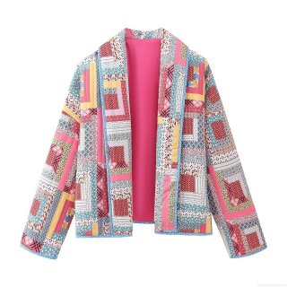 Women's Vintage Bohemian Patchwork Quilted Jacket Floral Print Lightweight Padded Puffer Coat Long Sleeve Open Front Cardigan Bohemian Casual Outerwear Mid-Length Cotton Blend Jacket
