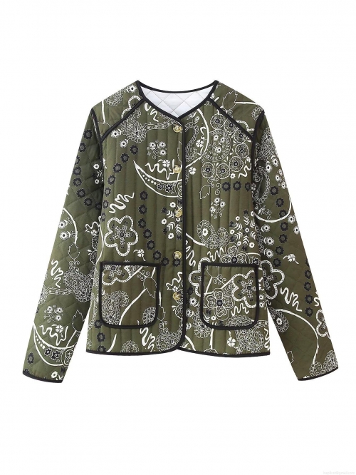 Women's Vintage Paisley Floral Print Quilted Jacket Round Neck Single Breasted Long Sleeve Lightweight Padded Outerwear With Pockets Bohemian Streetwear Coat