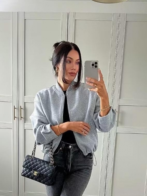 Women's Casual Loose Polyester Stand Collar Zipper Jacket Autumn Winter Long Sleeve Solid Color Outerwear Bomber Jacket For Women