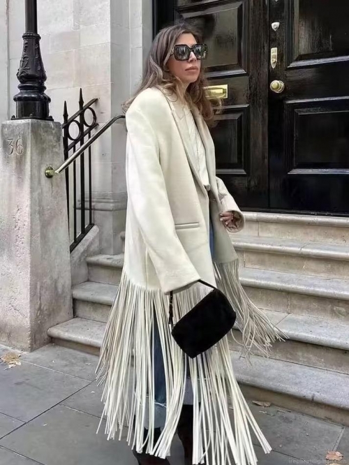 Women's Long Fringe Hem Wool Blend Coat Chic Lapel Single Button Solid Color Streetwear Outerwear For Autumn Winter Ladies