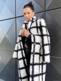 Women's Chic Black and White Checkered Long Faux Fur Coat Loose Lapel Plush Teddy Jacket Thick Warm Streetwear Outerwear For Autumn Winter