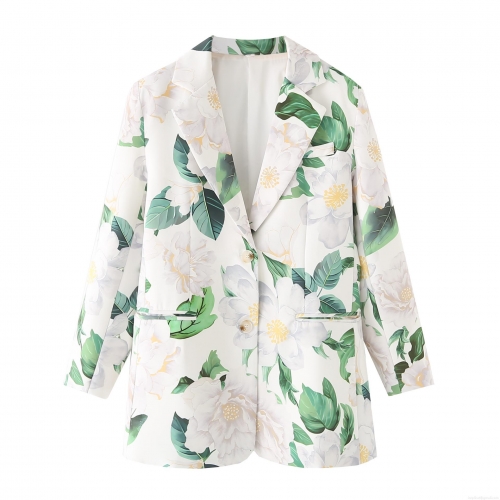 Women's Floral Print Blazer Jacket Polyester Lapel Collar Single Breasted Long Sleeve Casual Outerwear With Pockets European Street Style Fashion