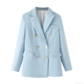Women's Casual Loose Double Breasted Blazer Jacket With Gold Buttons Long Sleeve Polyester Office Wear Streetwear Outerwear For Lady
