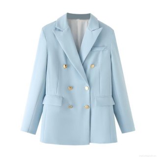 Women's Casual Loose Double Breasted Blazer Jacket With Gold Buttons Long Sleeve Polyester Office Wear Streetwear Outerwear For Lady