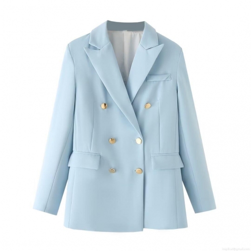 Women's Casual Loose Double Breasted Blazer Jacket With Gold Buttons Long Sleeve Polyester Office Wear Streetwear Outerwear For Lady