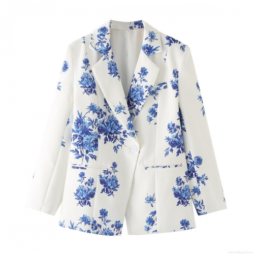 Women's Vintage Blue White Porcelain Print Blazer Jacket Long Sleeve Single Breasted Notch Lapel Polyester Casual Office Outerwear With Pockets For Women
