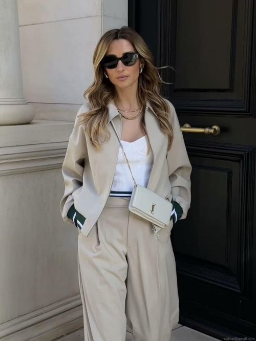 Women's Casual Colorblock Varsity Jacket Loose Turn Down Collar Zip Up Baseball Flight Jacket With Striped Rib Trim Polyester Outerwear For Autumn