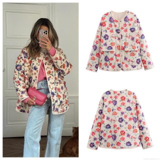 Women's Quilted Floral Print Cotton Jacket Vintage Long Sleeve Round Neck Padded Coat With Pockets Casual Loose Streetwear Outerwear For Spring Autumn
