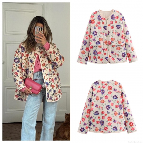 Women's Quilted Floral Print Cotton Jacket Vintage Long Sleeve Round Neck Padded Coat With Pockets Casual Loose Streetwear Outerwear For Spring Autumn