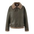 Women's Loose Faux Leather Jacket With Brown Lamb Wool Trim Olive Green Long Sleeve Lapel Streetwear Outerwear Winter Warm Biker Coat For Ladies
