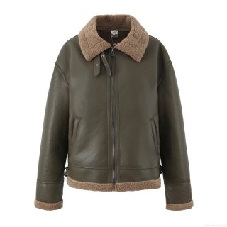 Women's Loose Faux Leather Jacket With Brown Lamb Wool Trim Olive Green Long Sleeve Lapel Streetwear Outerwear Winter Warm Biker Coat For Ladies