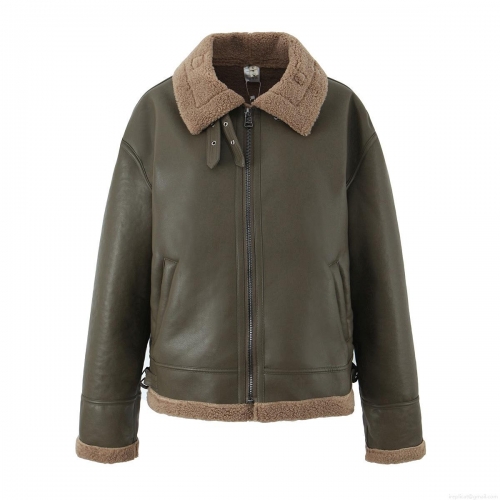 Women's Loose Faux Leather Jacket With Brown Lamb Wool Trim Olive Green Long Sleeve Lapel Streetwear Outerwear Winter Warm Biker Coat For Ladies