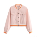 Women's Pink Short Baseball Bomber Jacket Long Sleeve Stand Collar Outerwear With Metal Buttons And Orange White Striped Ribbed Trim Streetwear Coat