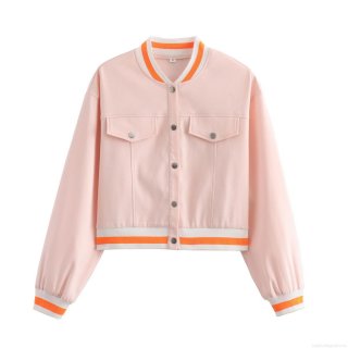 Women's Pink Short Baseball Bomber Jacket Long Sleeve Stand Collar Outerwear With Metal Buttons And Orange White Striped Ribbed Trim Streetwear Coat