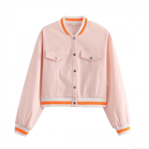 Women's Pink Short Baseball Bomber Jacket Long Sleeve Stand Collar Outerwear With Metal Buttons And Orange White Striped Ribbed Trim Streetwear Coat