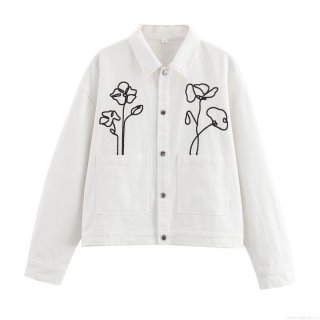 Women's Loose Floral Embroidery Shirt Jacket White Lapel Long Sleeve Single Breasted Casual Outerwear With Pockets For Autumn