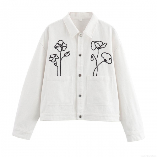 Women's Loose Floral Embroidery Shirt Jacket White Lapel Long Sleeve Single Breasted Casual Outerwear With Pockets For Autumn