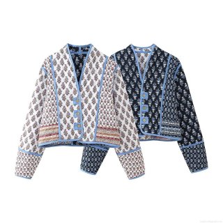 Women's Quilted Floral Jacket Polyester Long Sleeve V-Neck Cotton Padded Coat Vintage Bohemian Style Outerwear For Autumn Winter Women