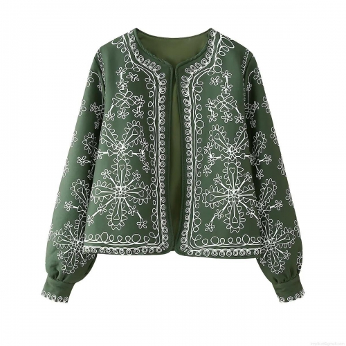 Women's Ethnic Geometric Embroidered Cotton-Padded Jacket Vintage Round Neck Single Breasted Long Sleeve Warm Puffer Outerwear Autumn Winter Streetwear