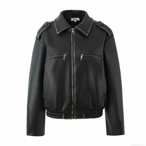 Women's Retro Distressed Faux Leather Biker Jacket Vintage Washed PU Moto Outerwear With Pockets Long Sleeve Zipper Casual Streetwear Coat