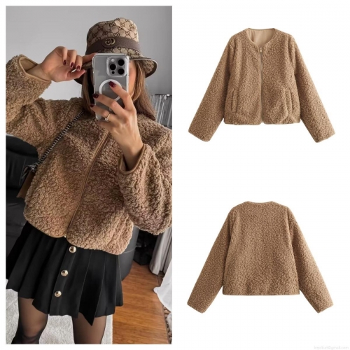 Women's Sherpa Fleece Jacket Long Sleeve Zip Up Solid Color Teddy Coat Loose Warm Short Jacket For Autumn Winter Streetwear Ladies Casual Outwear