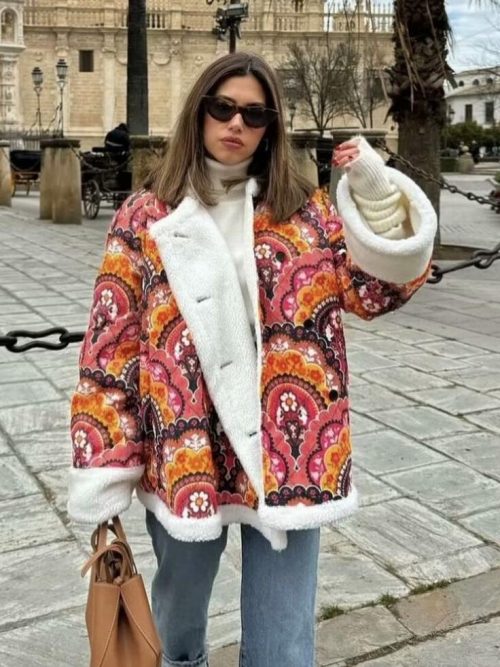 Women's Vintage Bohemian Floral Print Padded Jacket Quilted Winter Outerwear With Faux Lamb Wool Trim Long Sleeve Button Up Coat