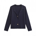 Women Elegant Navy Blue Knitted Blazer Jacket Featuring Golden Bee Buttons Fashion Lapel Long Sleeve Slim Fit Cardigan Streetwear Autumn Coat