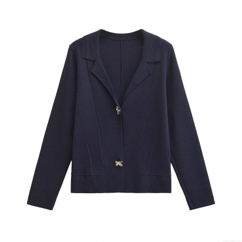 Women Elegant Navy Blue Knitted Blazer Jacket Featuring Golden Bee Buttons Fashion Lapel Long Sleeve Slim Fit Cardigan Streetwear Autumn Coat