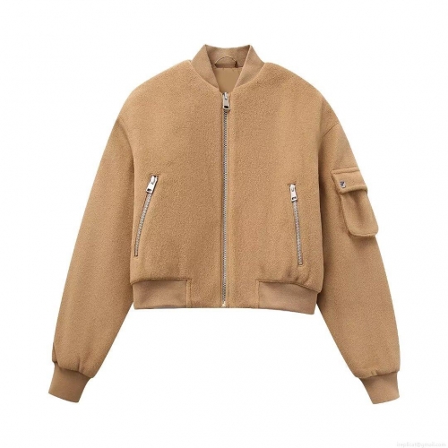 Women's Fashion Short Bomber Jacket Stand Collar Polyester Woolen-like Felt Loose Outerwear With Metal Zipper And Ribbed Cuffs For Autumn Streetwear