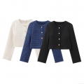 Women's Tweed Short Jacket Elegant Boucle Round Neck Single Breasted Outerwear With Gold Metal Buttons For Autumn Winter Daily Streetwear